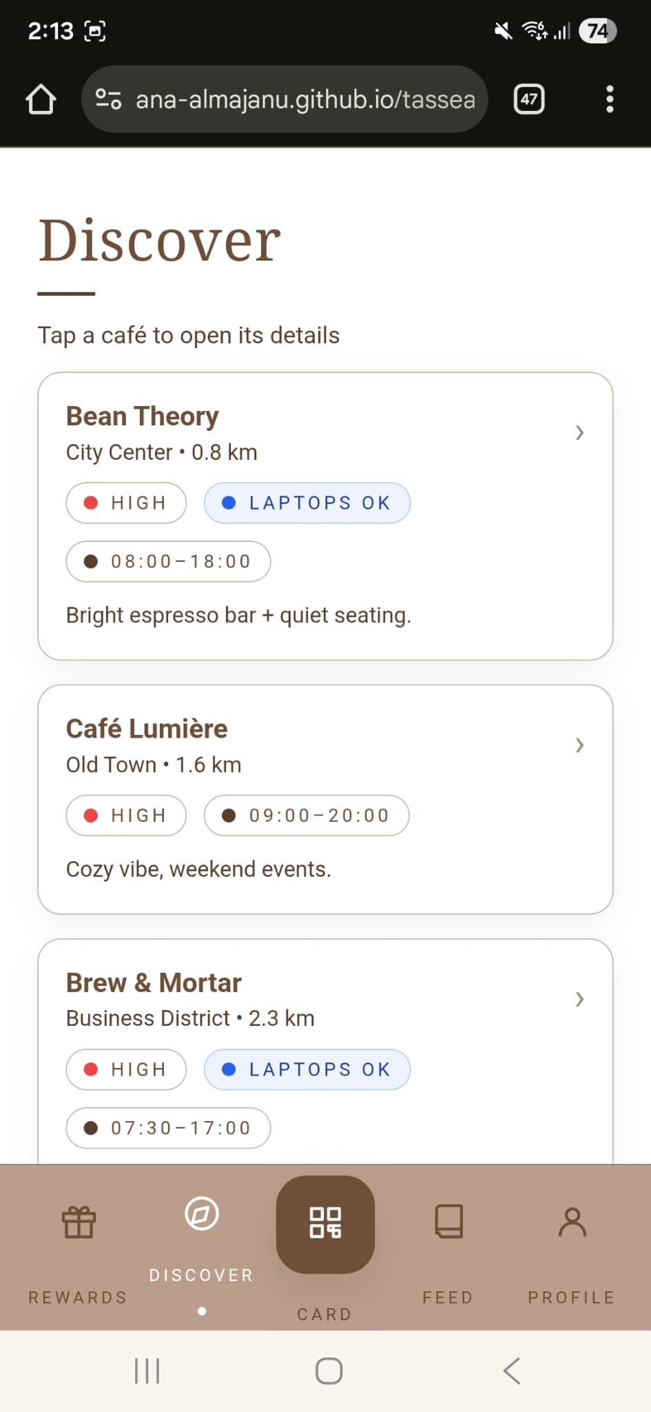 Discover page (list view)