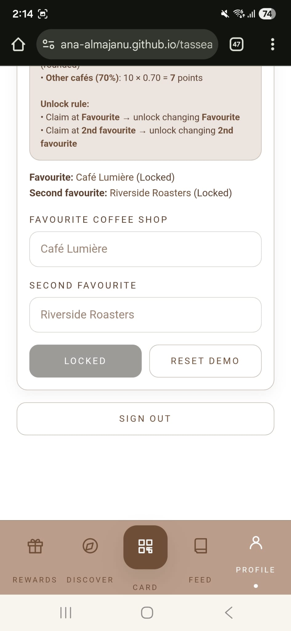 Profile favourites saved and locked